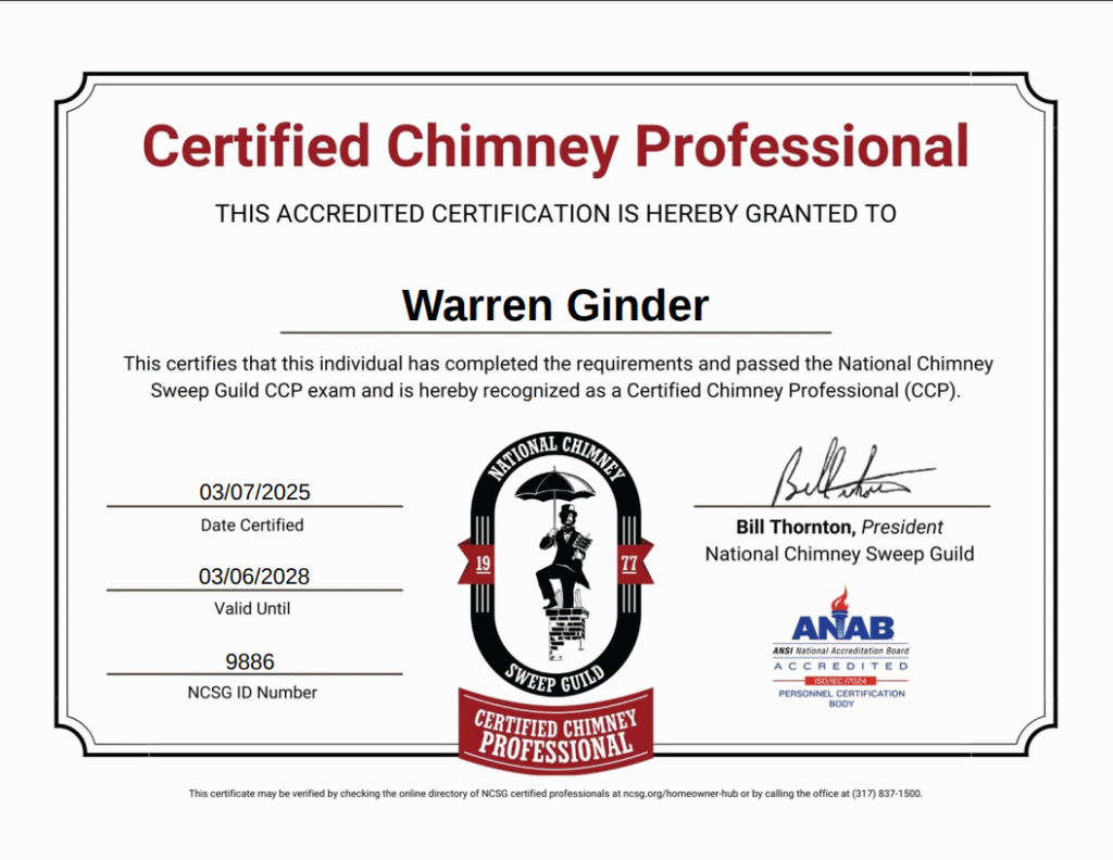 Warren Ginder Certified Chimney Professional Certification